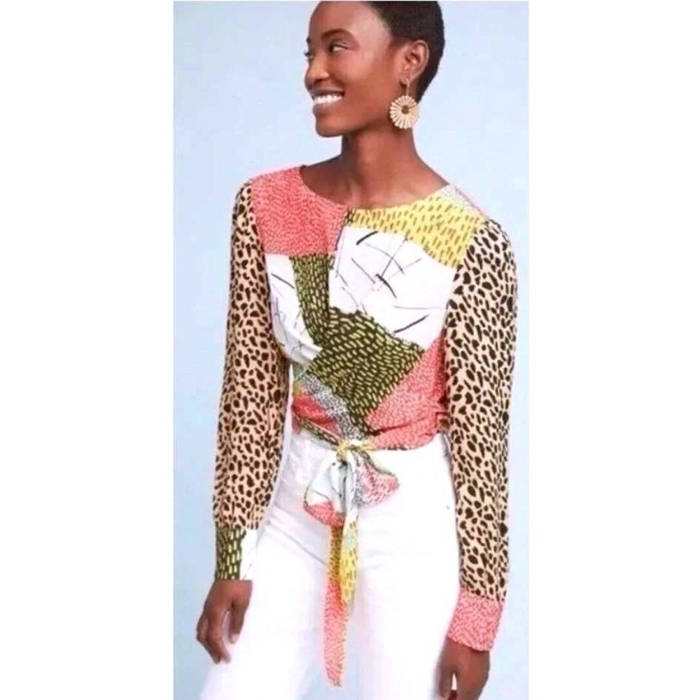Anthropologie‎ Blank London BOHO Wrap Top XL Leopard Abstract Print Tie Front